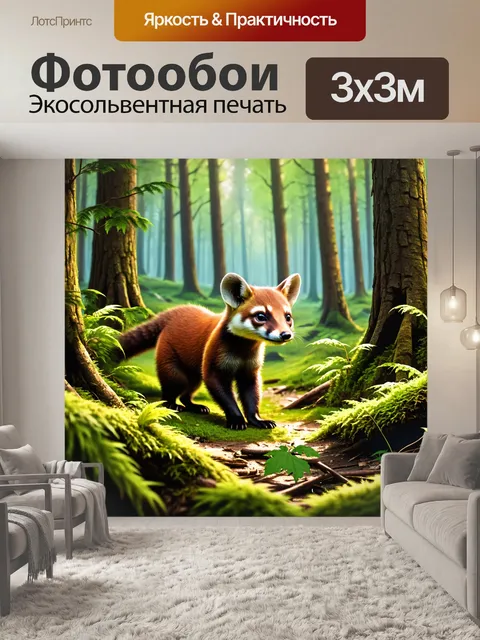 Фотообои лесная сцена, изображающая куницу, пробирающуюся сквозь густую зелень леса с высокими деревьями
