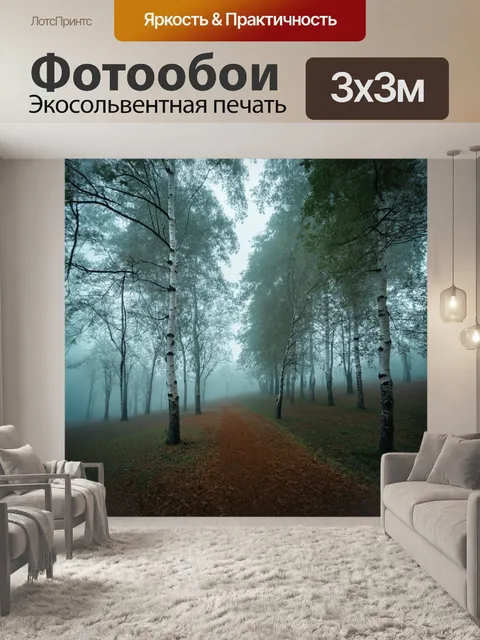 Фотообои туман в стиле неоромантизм, березовая роща с туманом, создающим особую атмосферу тишины и уединения