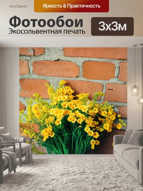 Фотообои пахистахис, буйно цветущий букеты желтых цветков, на фоне старинной кирпичной стены, создающей контраст