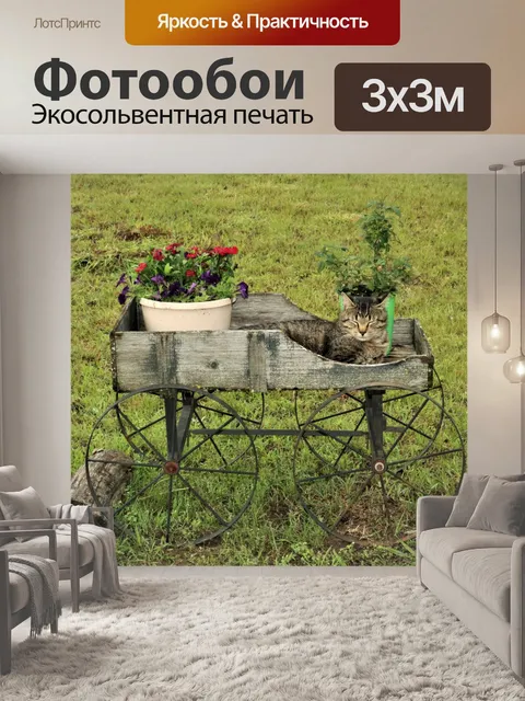 Фотообои Серый кот спит в цветочной тележке