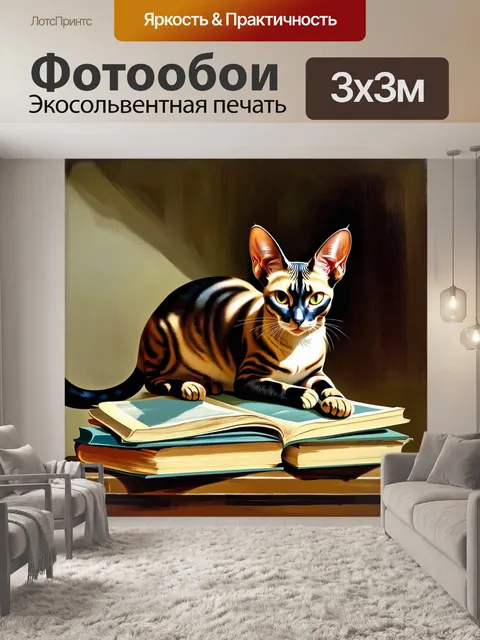 Фотообои на столе, заваленном книгами, ориентальная короткошерстная кошка изучает старинные страницы