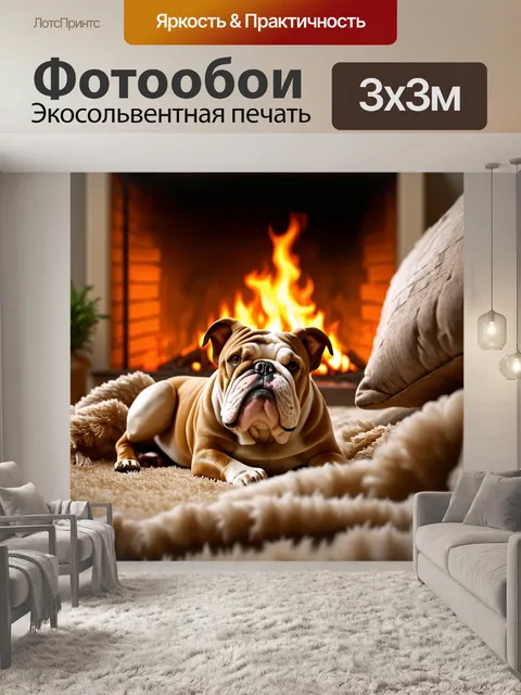 Фотообои арахисовый бульдог, лежащий в уютной комнате около камина, окружённый мягкими пледами и подушками
