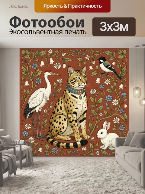 Фотообои Кот с птицами и кроликом