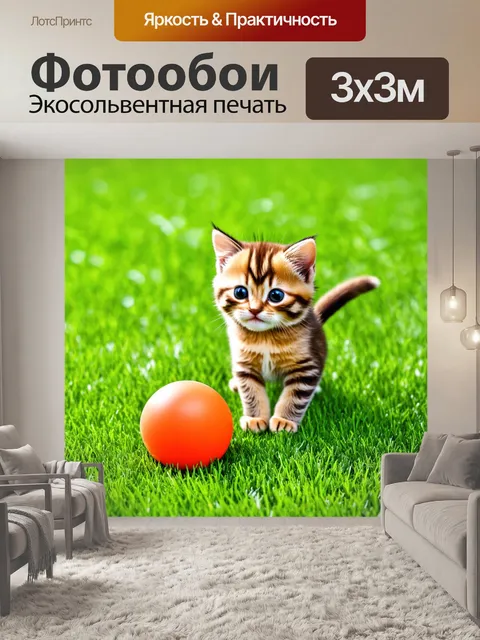 Фотообои коричневый котенок, играющий с мячиком на зеленом газоне