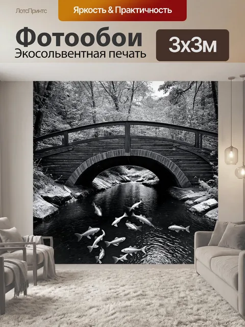 Фотообои пейзаж в стиле черно-белый, мост через речку с рыбками, плавающими внизу
