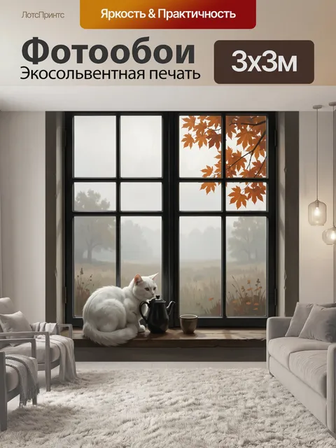 Фотообои Белая кошка у подоконника