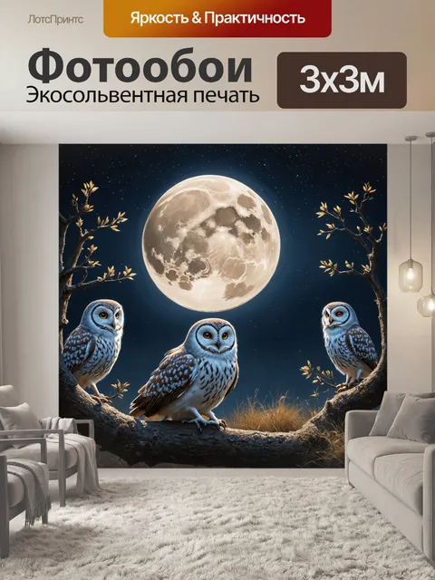 Фотообои ночной пейзаж с полной луной, на которой сидят совы, окруженные звездным небом и легкой дымкой