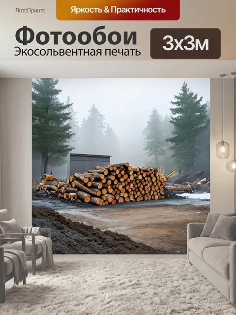 Фотообои утренний туман на строительной площадке, где возводится баня