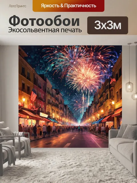 Фотообои город в стиле экспрессионизм, праздничная атмосфера, фейерверки, празднование на улицах