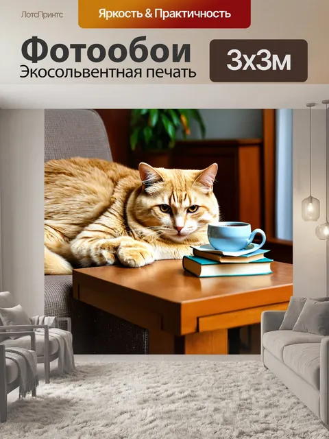 Фотообои кот, лежащий на стуле, с книгами и чашкой кофе на столике рядом, в теплой атмосфере домашнего уюта