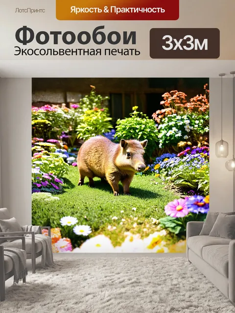 Фотообои уютная сцена с капибарой, мирно исследующей цветущий сад, украшенный разнообразными растениями и цветами