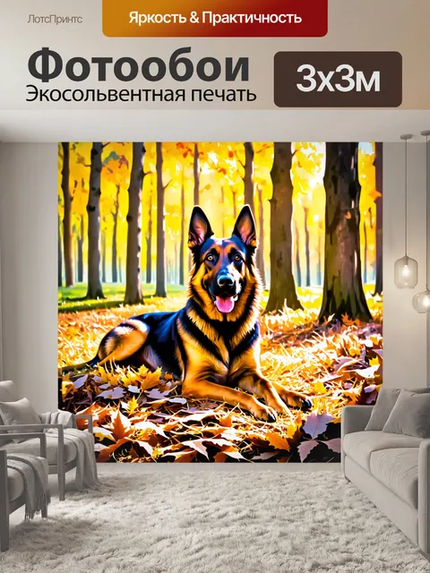 Фотообои светлый солнечный день в лесу, немецкая овчарка, наслаждающаяся моментом, лежа на мягкой куче листьев