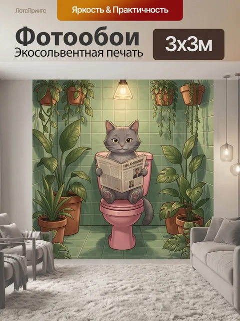 Фотообои Кот с газетой в ванной комнате