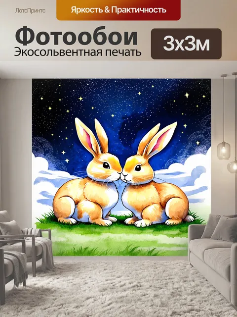 Фотообои под звездами два забавных зайца лежат на траве, рассматривая облака, создавая свои миры