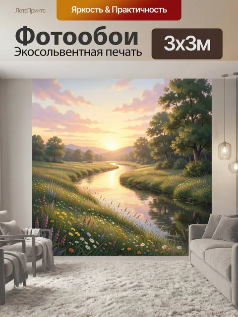 Фотообои Река на закате в цветущей долине