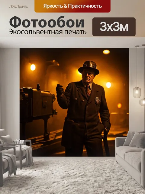Фотообои в стиле дизельпанк, создающие ощущение старинного кино с контрастными тенями и теплым освещением