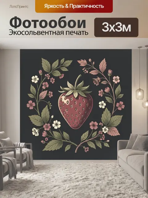 Фотообои Спелая клубника среди цветов