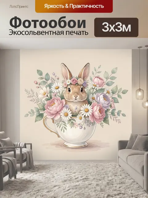 Фотообои Кролик в цветочной чашке