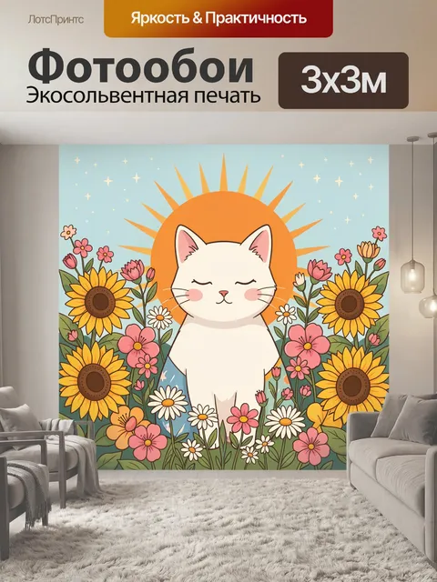 Фотообои Белый кот в цветочном саду