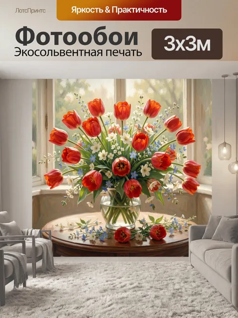 Фотообои Красные тюльпаны в вазе у окна