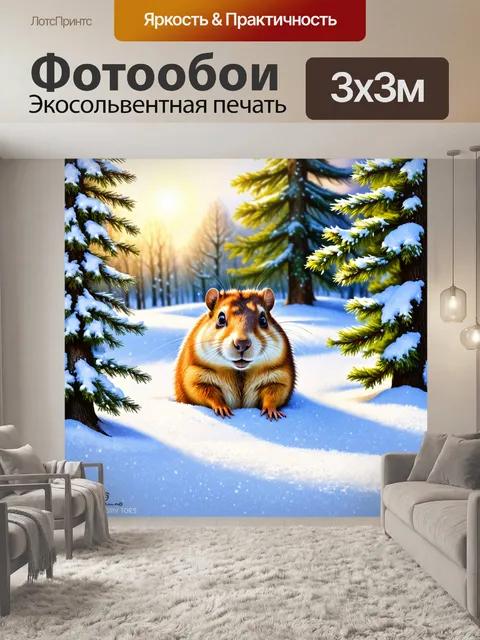 Фотообои зимний пейзаж с сусликом, выглядывающим из-под снега