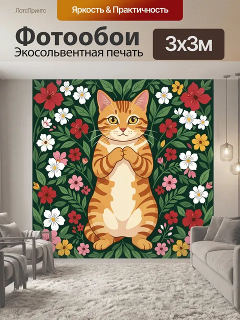 Фотообои Рыжий кот среди цветов