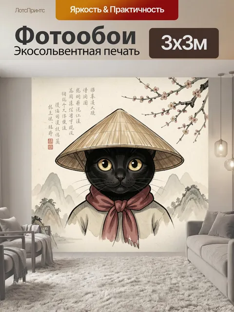 Фотообои Черный кот в азиатском стиле