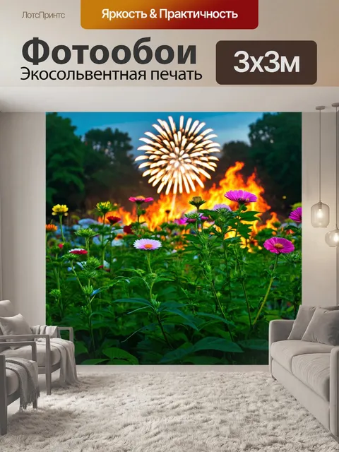 Фотообои зеленые в стиле фотореализм, вечерний сад с фейерверком цветов под мягким светом заходящего солнца