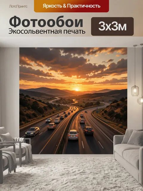 Фотообои Автомагистраль среди холмов на закате