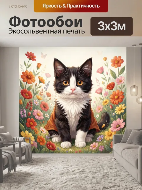 Фотообои Черно-белый кот среди цветов