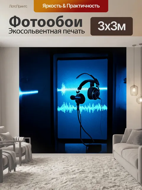 Фотообои крупным планом изображена спикерская кабина, наполненная микрофонами и наушниками, готовыми к записи
