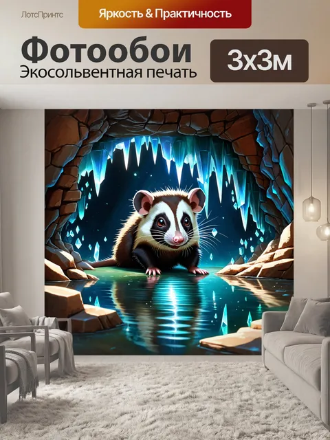Фотообои опоссум прячется в пещере, где сверкают кристаллы и сталактиты