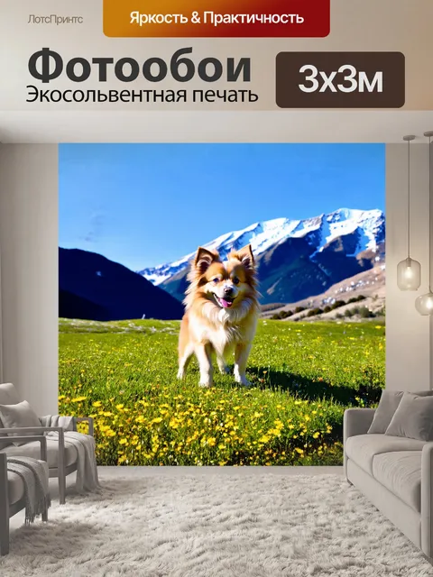 Фотообои восхитительный карликовый шпиц, стоящий на фоне живописного пейзажа гор, покрытых снежными вершинами