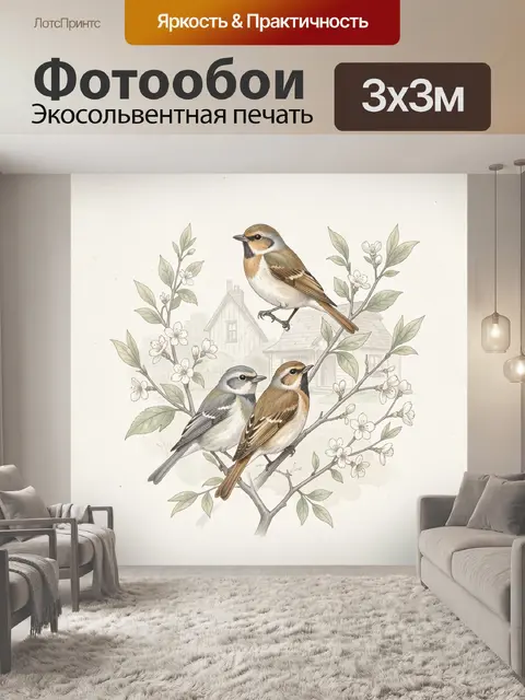 Фотообои Птички на цветущей ветке