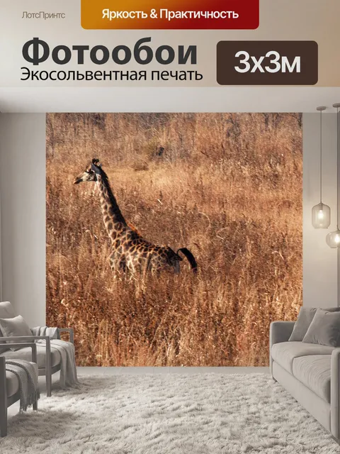 Фотообои жираф в высокой сухой траве зимой