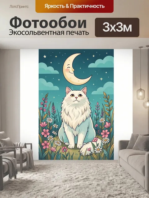 Фотообои Котёнок под луной в цветах