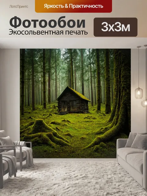 Фотообои таинственный лес с заброшенной хижиной и покрытыми мхом деревьями