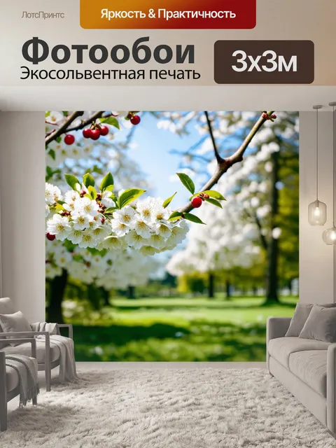 Фотообои нежный весенний ландшафт, на котором цветут белые цветы черемухи, залитые ярким солнечным светом