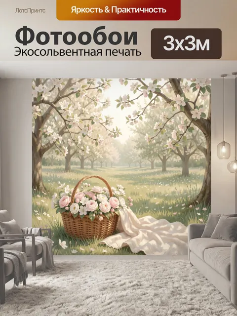 Фотообои Цветущий сад с корзиной роз