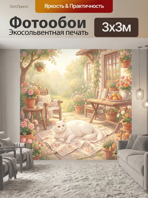 Фотообои Уютный сад с белым котом