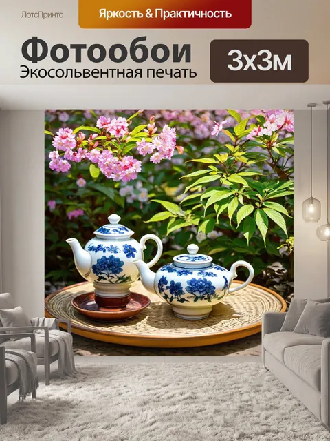 Фотообои китай, отражающие традиционную чайную церемонию в прекрасном саду с цветущими растениями
