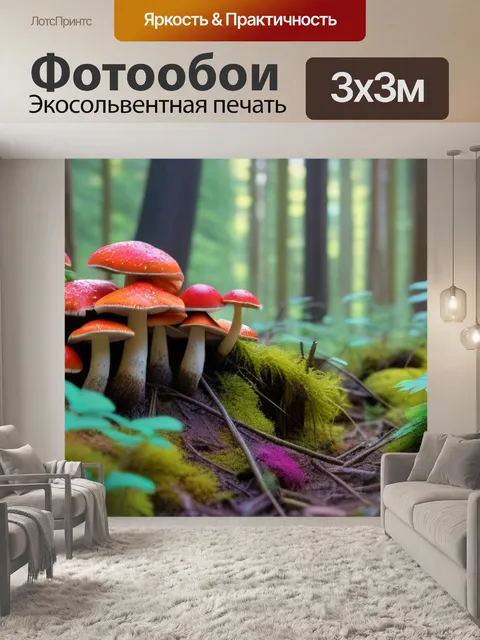 Фотообои лесная поляна с яркими грибами