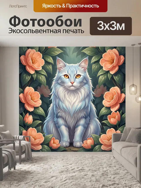 Фотообои Белый кот среди цветов