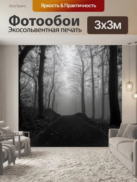 Фотообои туман в стиле черно-белый, исчезающая тропинка в лесу, окутанная туманом, создавая таинственность