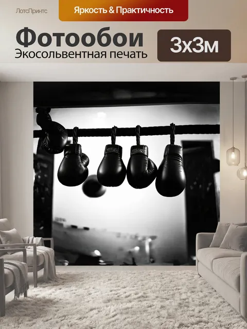 Фотообои фотография в стиле высококонтрастного чёрно-белого боксёрского репортажа: боксёрские перчатки висят на канате