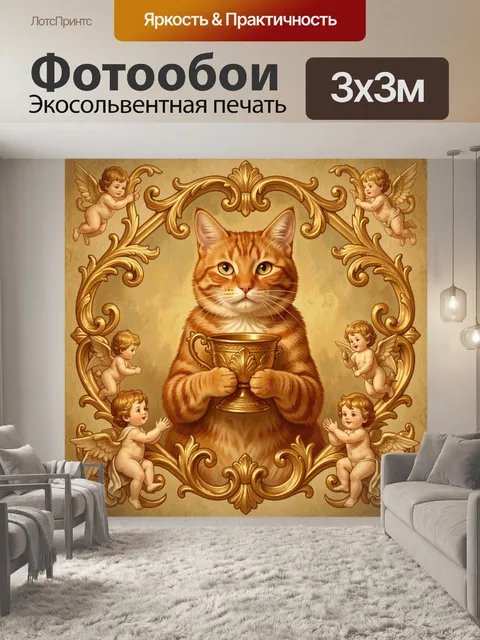 Фотообои Рыжий кот с золотой чашей