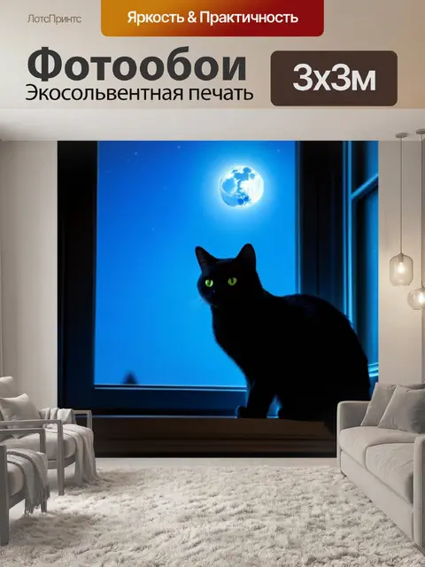 Фотообои черная кошка на подоконнике в полнолуние