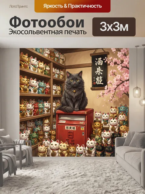 Фотообои Черный кот среди манэки-нэко