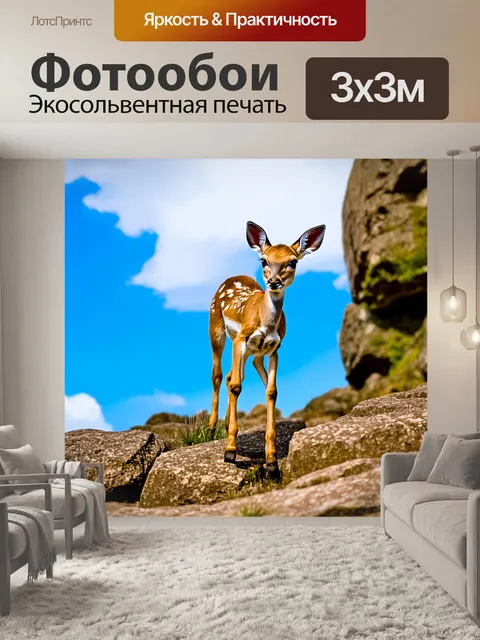 Фотообои олененок, забирающийся на скалистую местность, удивленным взглядом смотрит на мир вокруг, небо ярко голубое…