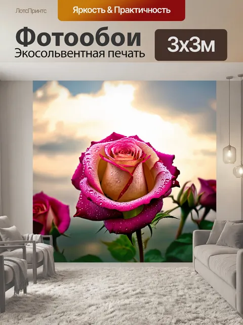 Фотообои утро: нежные розы, покрытые каплями росы, на фоне утреннего неба с легкими облаками